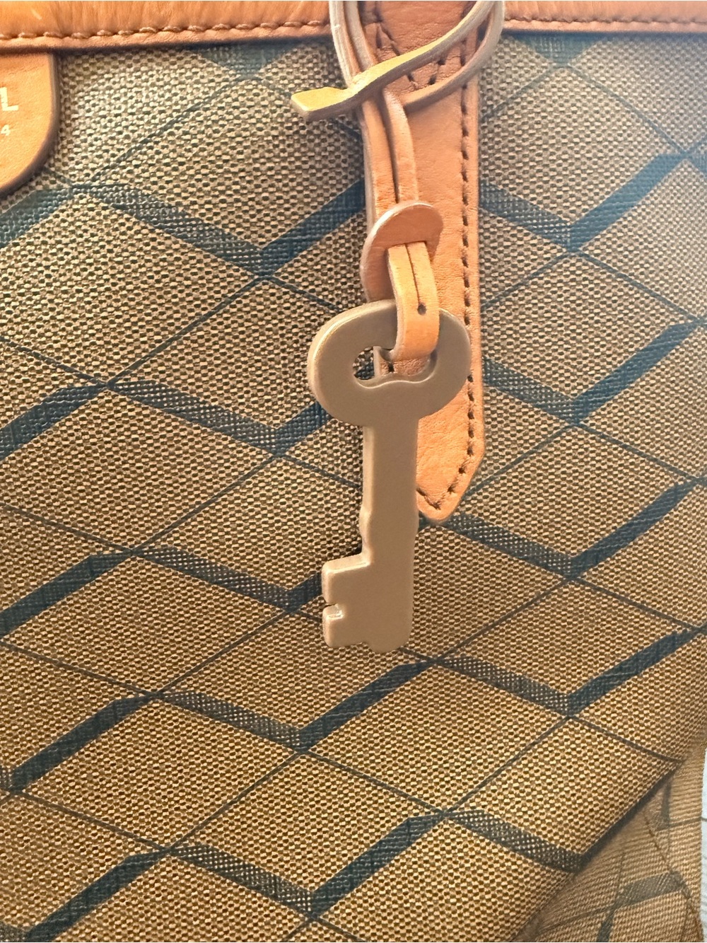 🤎 Fossil Geo Brown and Blue 💙 Tote with Tan Trim - Picture 5 of 11